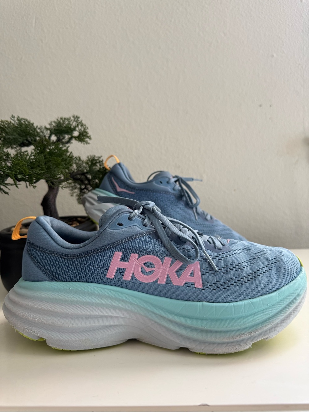 Hoka Bondi 8 Women size 7.5 Blue Athletic Running Shoes with Pink Logo